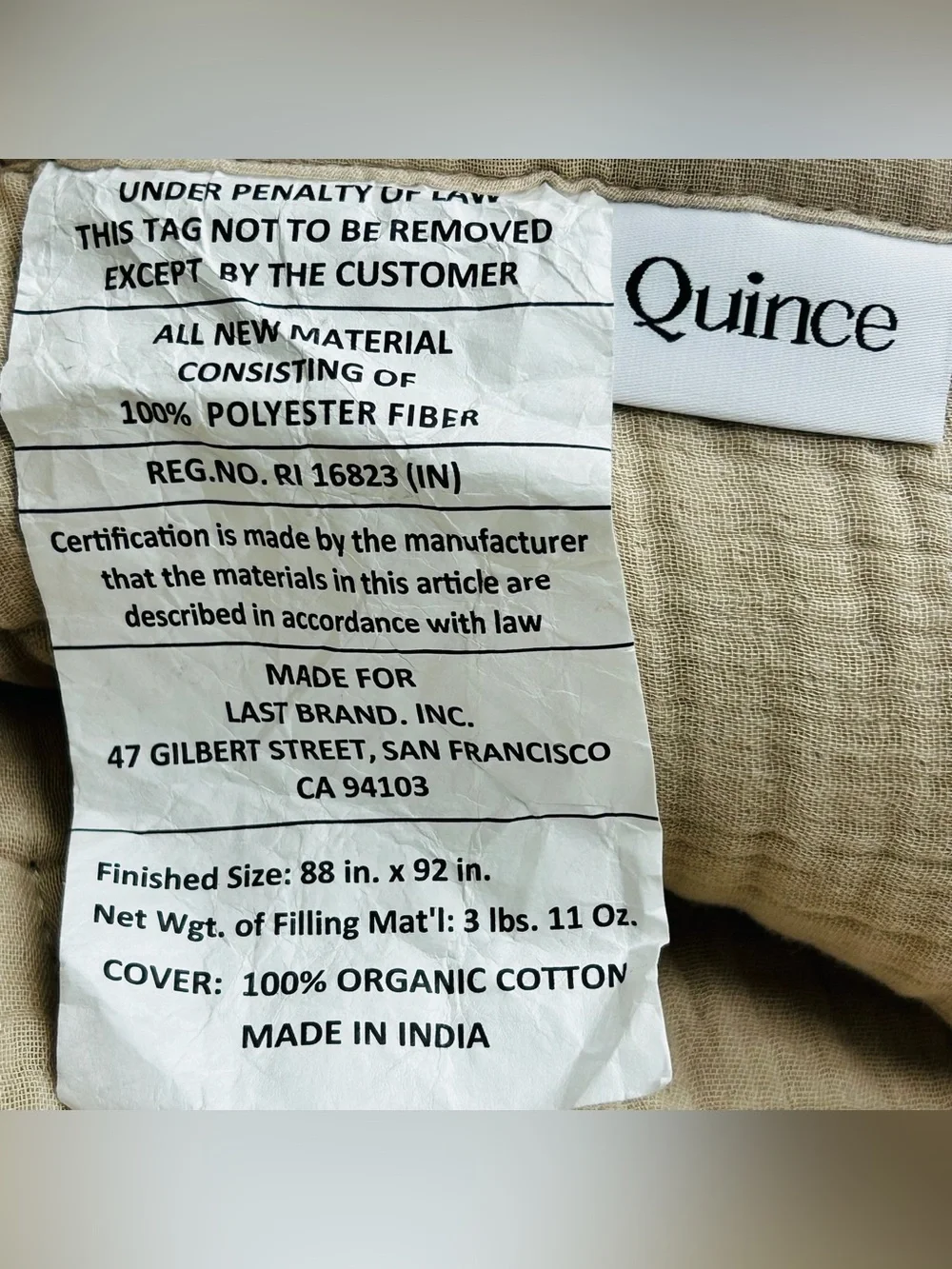 QUINCE Organic Airy Gauze Dream Quilt Full/Queen Dune 9055